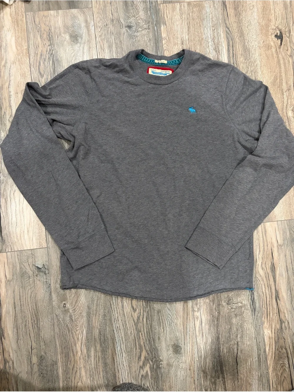 Abercrombie & Fitch Men's Long-Sleeve Crew in Charcoal with Teal Logo